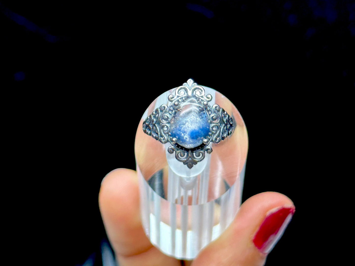 Vintage Style Natural Blue Dumortierite Quartz Rutilated Crystal Ring in Sterling Silver - Adjustable