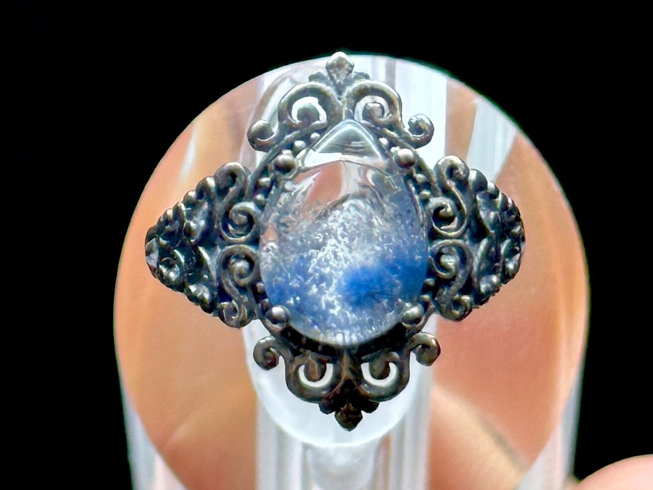 Vintage Style Natural Blue Dumortierite Quartz Rutilated Crystal Ring in Sterling Silver - Adjustable