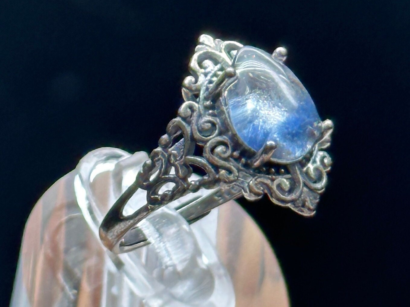 Vintage Style Natural Blue Dumortierite Quartz Rutilated Crystal Ring in Sterling Silver - Adjustable