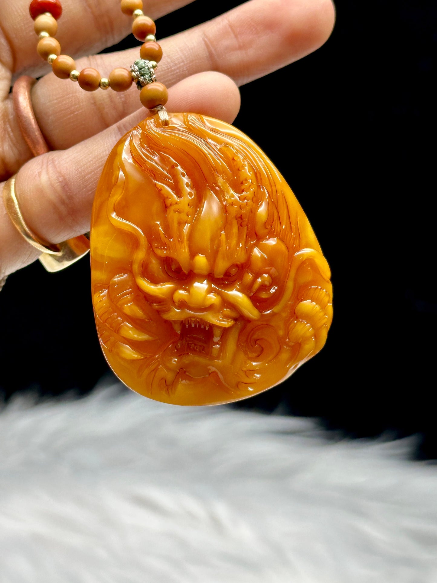 Rare Natural Amber Dragon Carved Pendant - High-Quality & Adjustable