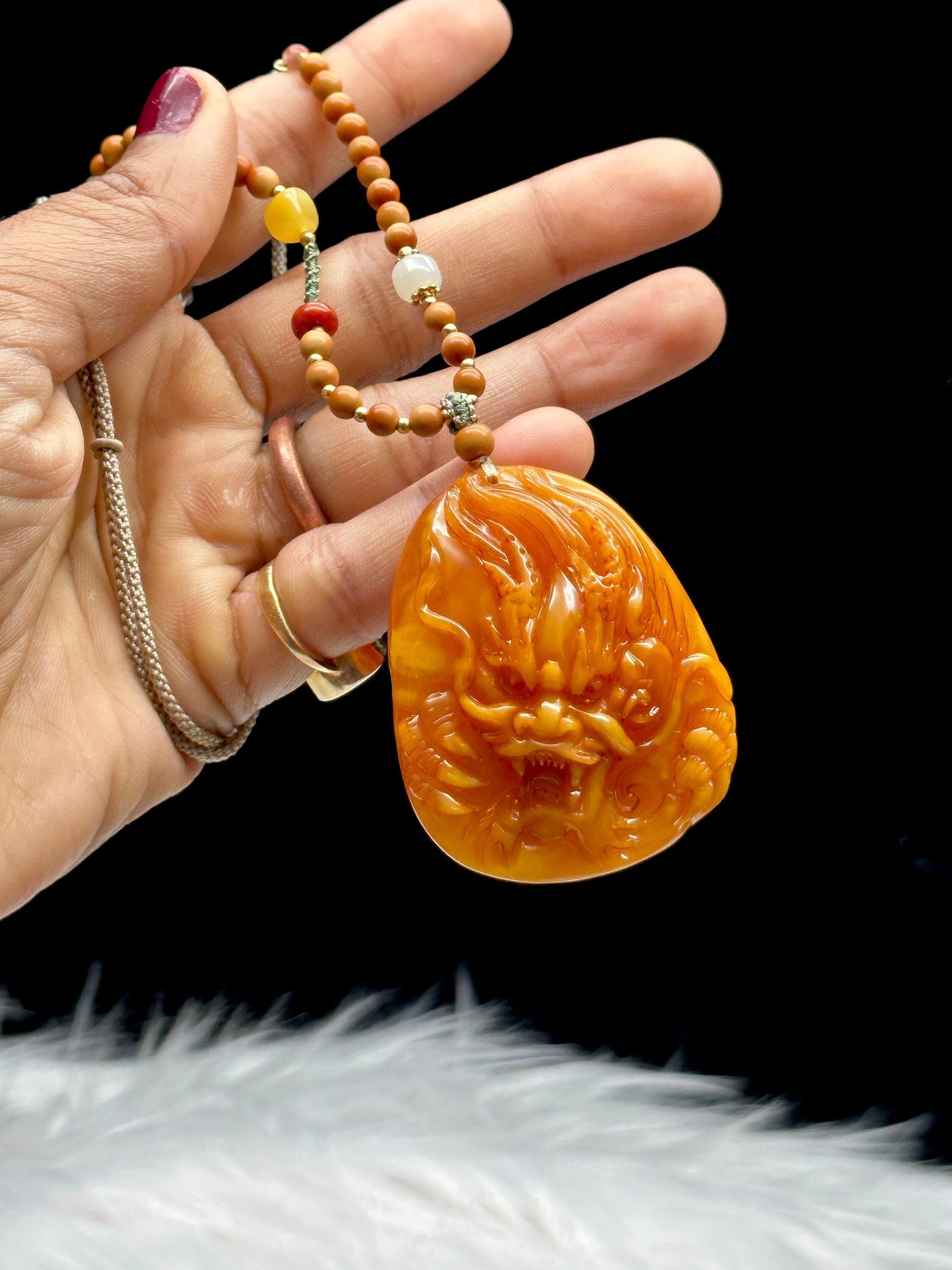 Rare Natural Amber Dragon Carved Pendant - High-Quality & Adjustable