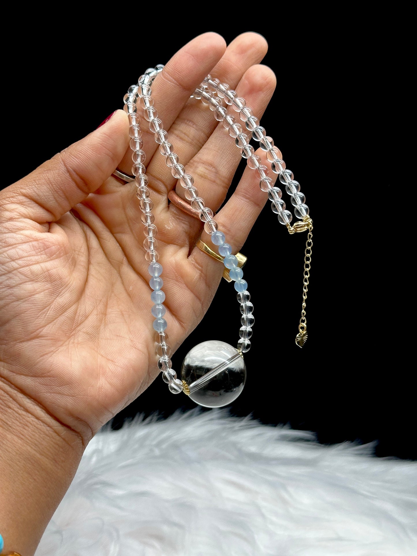 Natural Clear Quartz and Aquamarine Crystal Necklace - Adjustable length