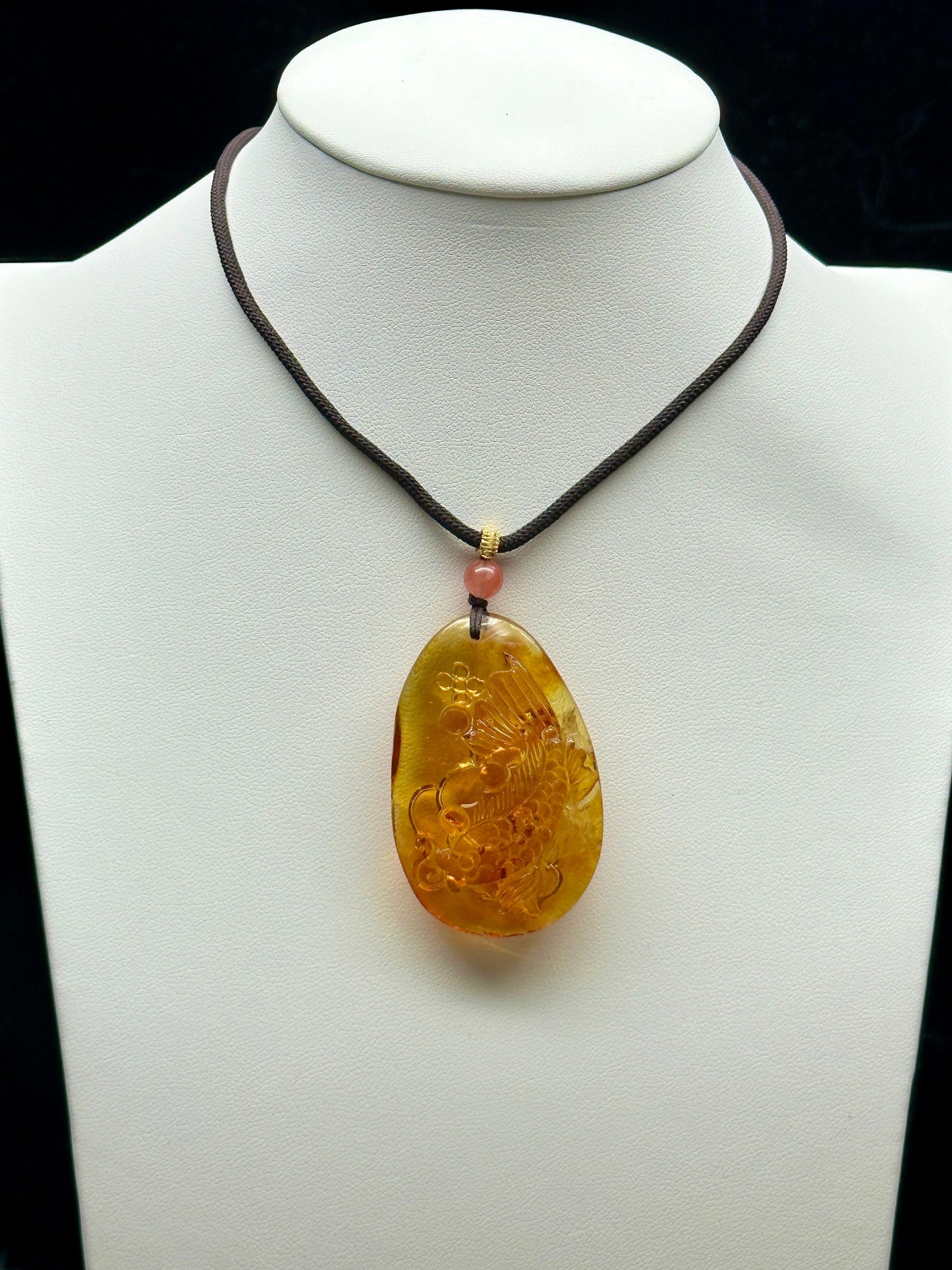 Dominican Blue Amber Pendant with FengShui Lucky Fish Carving