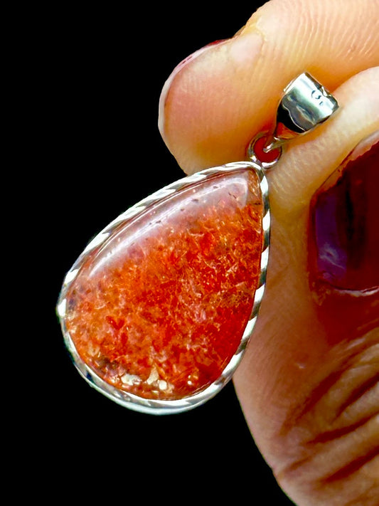 High Grade Sparkly Sunstone Crystal Tear Drop Pendant in Sterling Silver