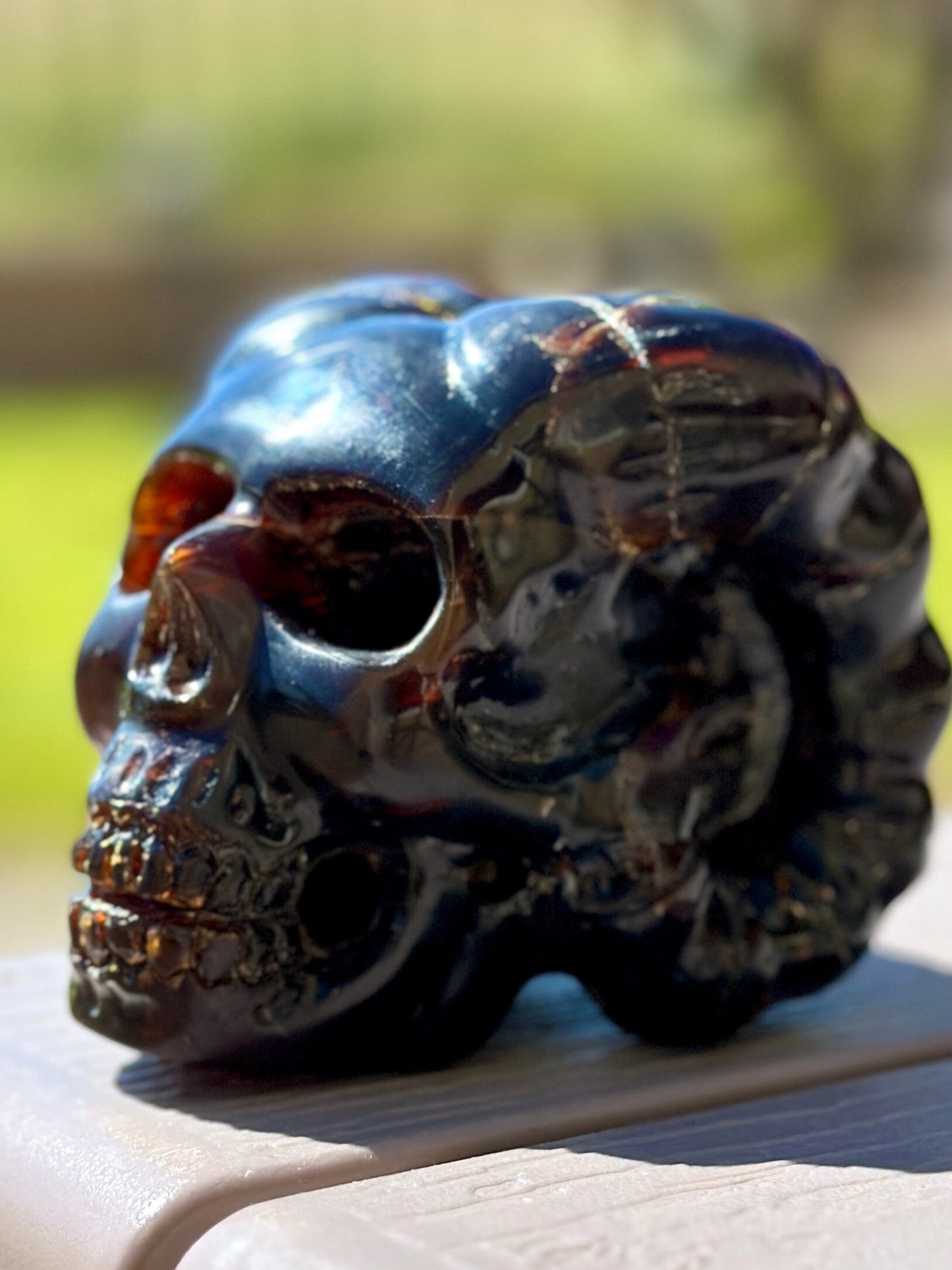 Rare Blue Amber Skull with Horns Carving