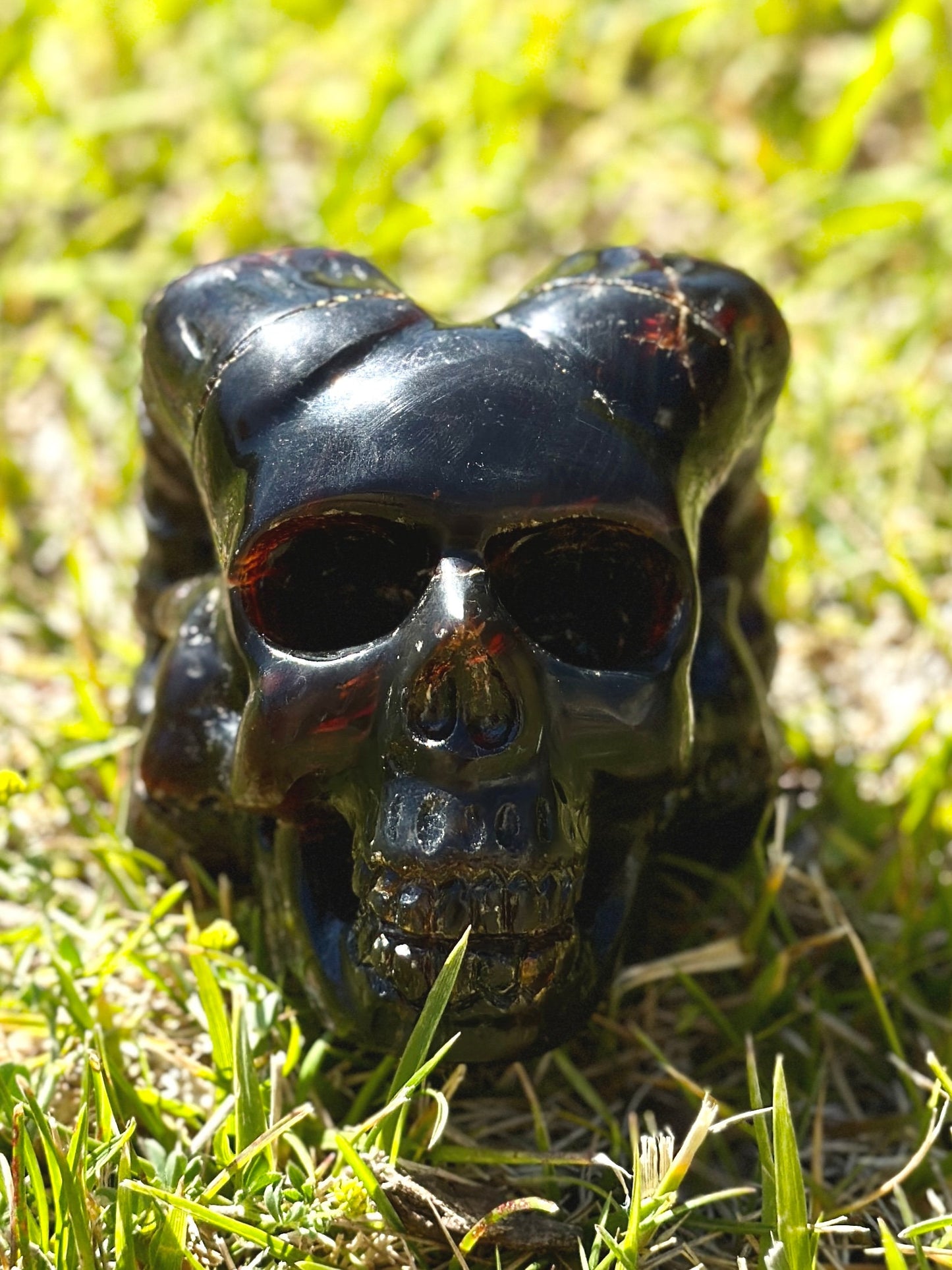 Rare Blue Amber Skull with Horns Carving