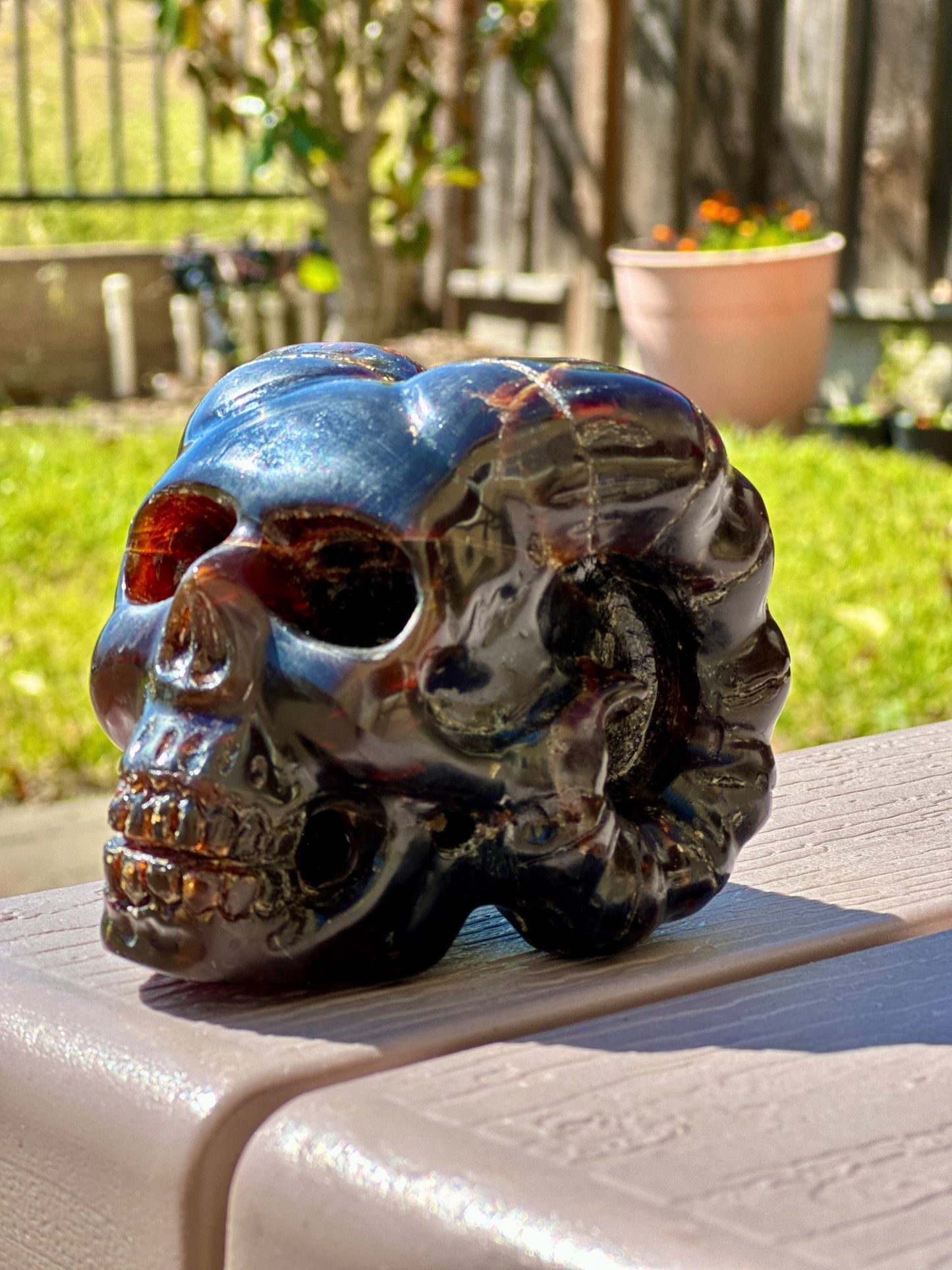 Rare Blue Amber Skull with Horns Carving