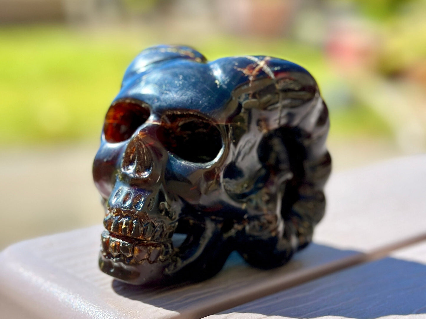 Rare Blue Amber Skull with Horns Carving