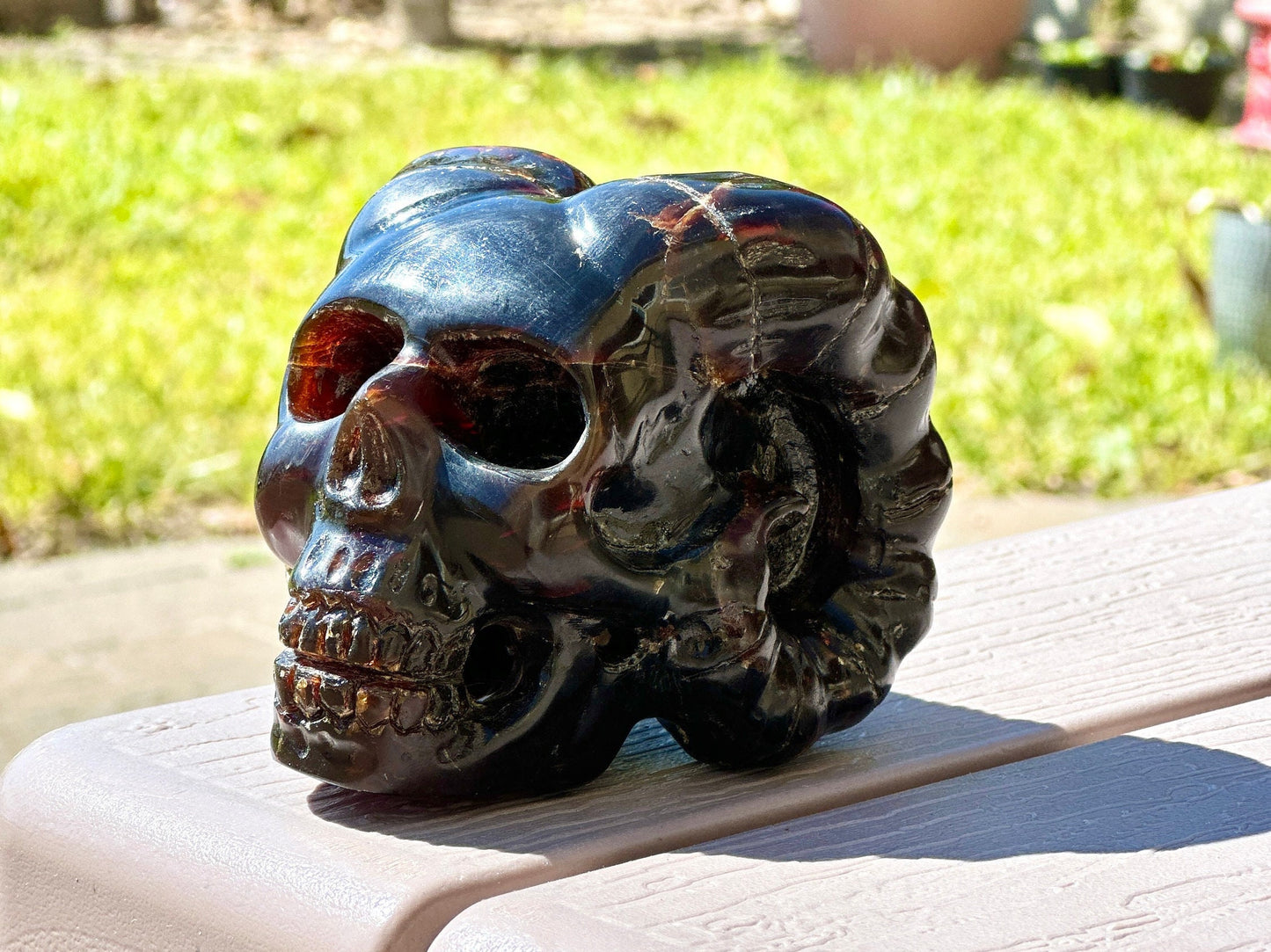 Rare Blue Amber Skull with Horns Carving