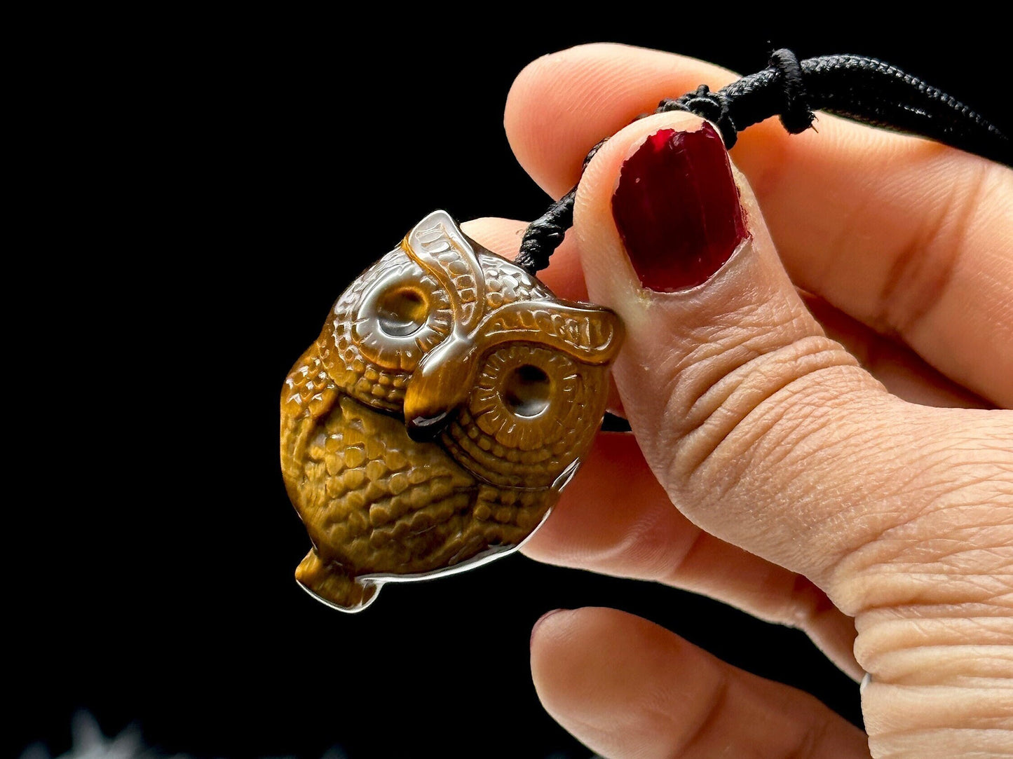 Hand-Carved Tiger's Eye Crystal Owl Pendant Necklace - Adjustable Thread Necklace Included - Metaphysical Healing Properties