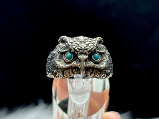 Handcrafted Turquoise Owl Ring in Sterling Silver - Adjustable Size - Unique and One-of-a-Kind Jewelry