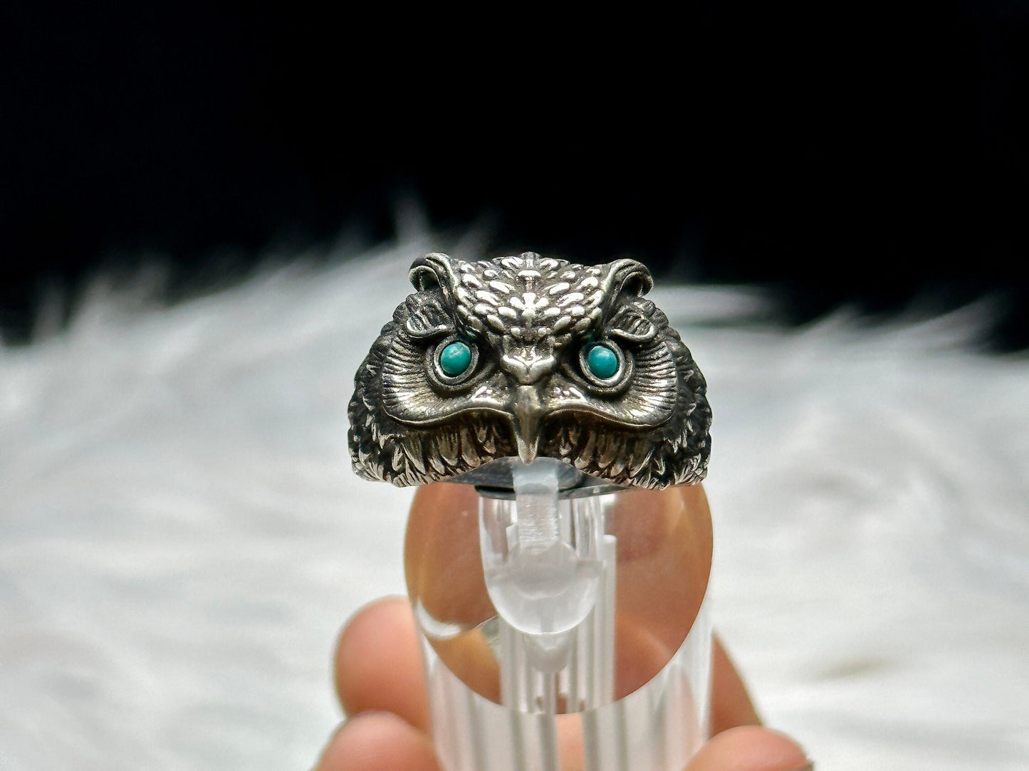 Handcrafted Turquoise Owl Ring in Sterling Silver - Adjustable Size - Unique and One-of-a-Kind Jewelry