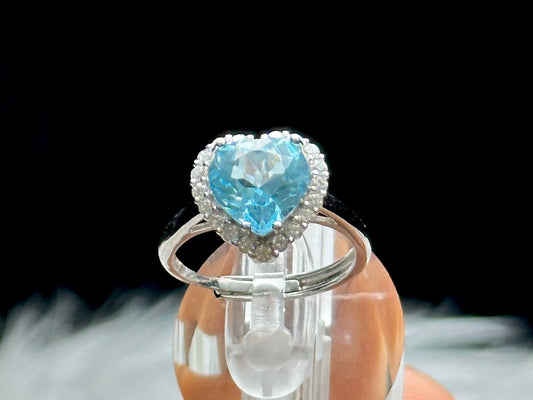 Grade AAA Blue Topaz Heart-Shaped Gemstone Ring in Adjustable Sterling Silver | Handcrafted Crystal Jewelry