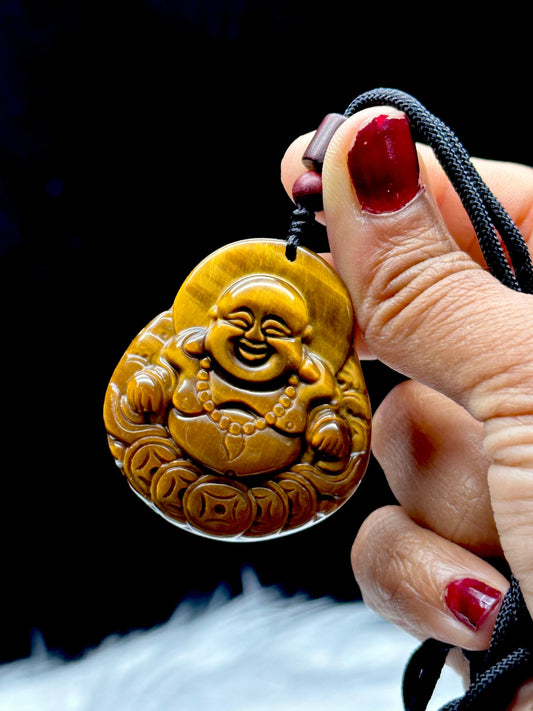 High-Quality Tiger Eye Buddha Carved Pendant Necklace - Genuine Crystal Healing, 24-Inch Black Thread, Unique Spiritual Jewelry