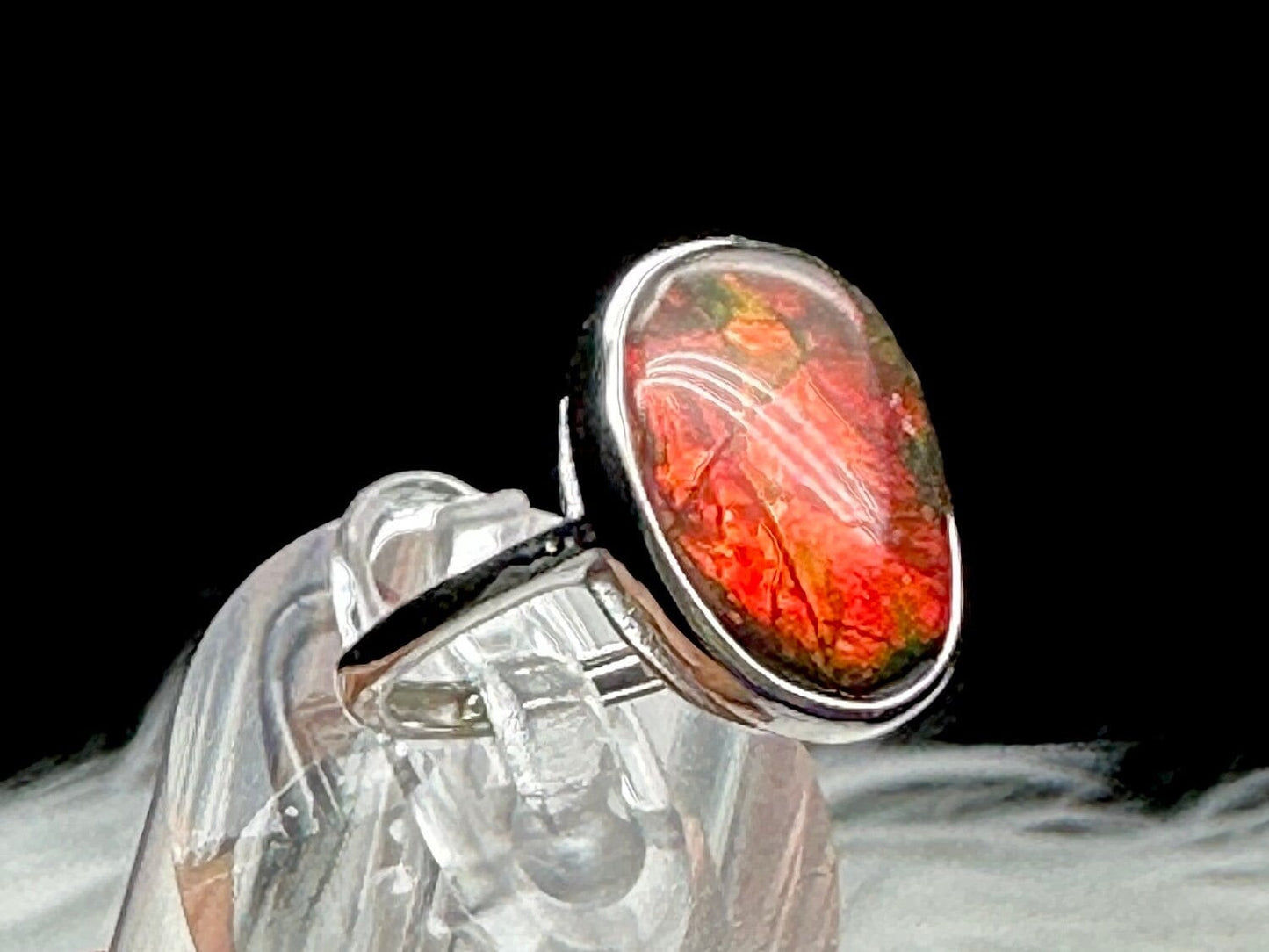 Natural Canadian Ammolite Ring in Sterling Silver - Genuine Gemstone Jewelry, Adjustable Size Ring, Healing Properties, Unique Gift