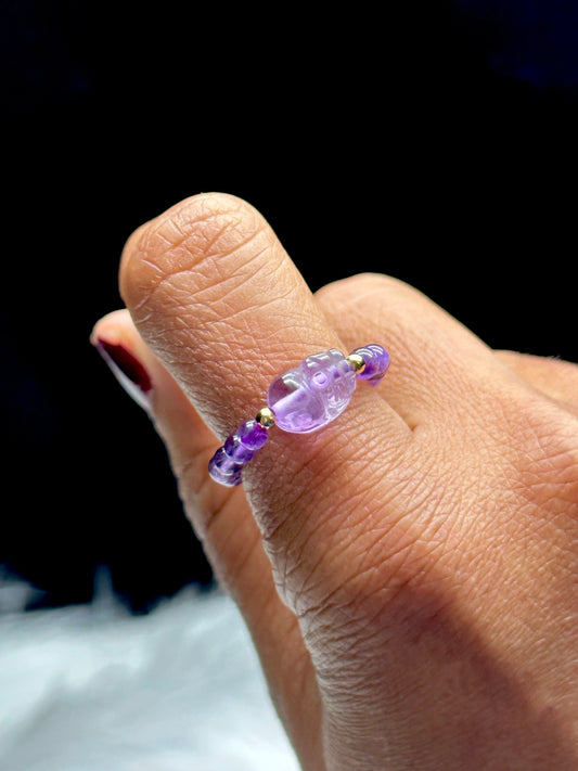 Amethyst Pixiu Stretchable Ring - Adjustable Size Crystal Healing Jewelry