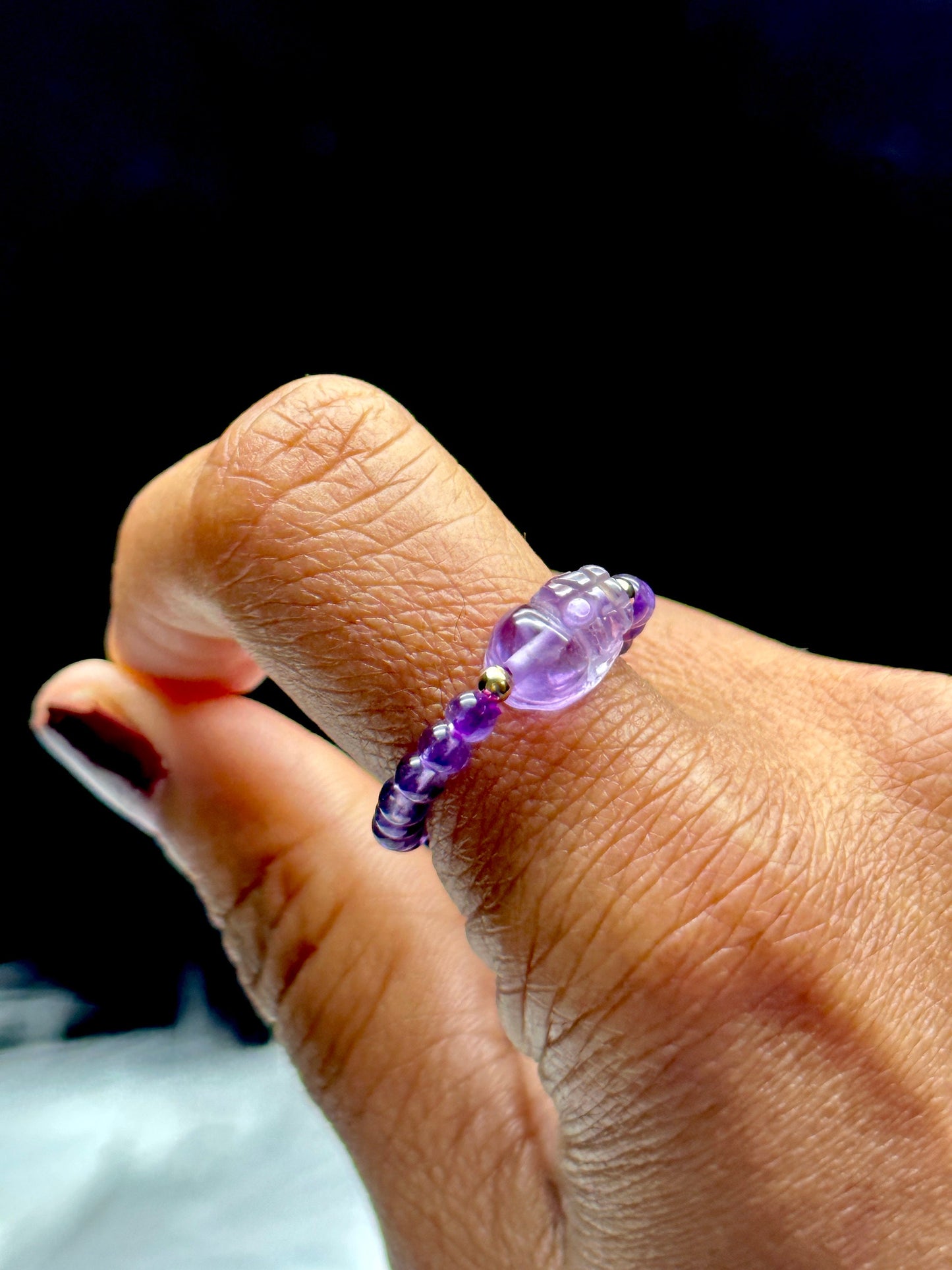 Amethyst Pixiu Stretchable Ring - Adjustable Size Crystal Healing Jewelry