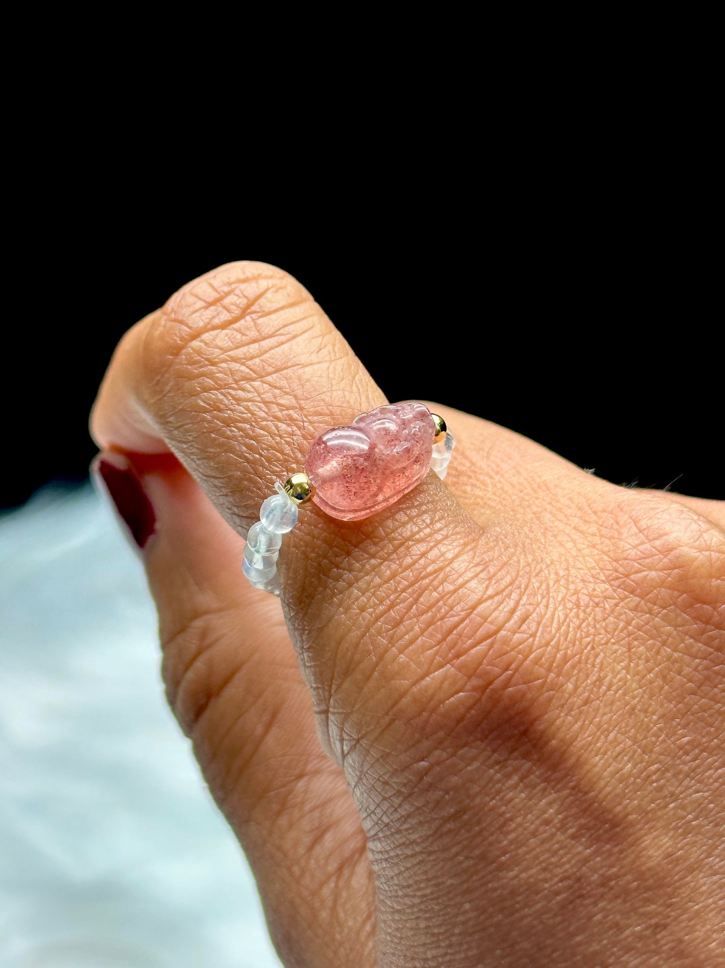 Strawberry Quartz and Moonstone Crystal Pixiu Beaded Stretchable Ring - Adjustable Size Gemstone Ring for Positive Energy