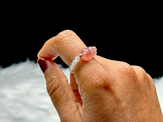 Strawberry Quartz and Moonstone Crystal Pixiu Beaded Stretchable Ring - Adjustable Size Gemstone Ring for Positive Energy