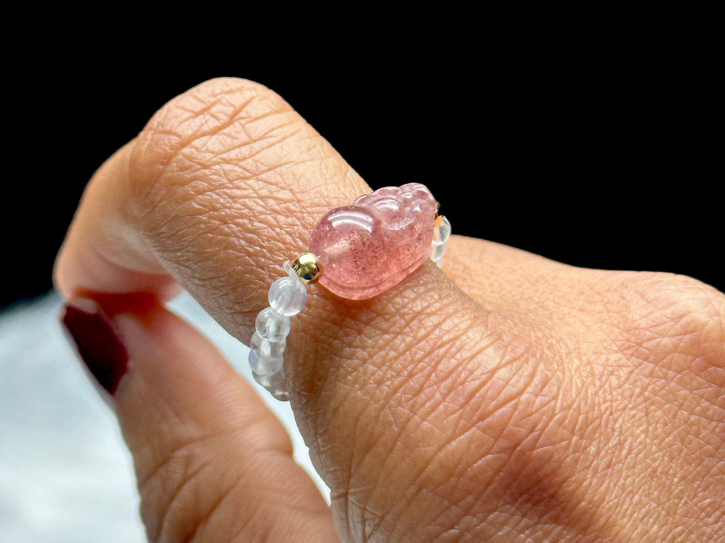 Strawberry Quartz and Moonstone Crystal Pixiu Beaded Stretchable Ring - Adjustable Size Gemstone Ring for Positive Energy