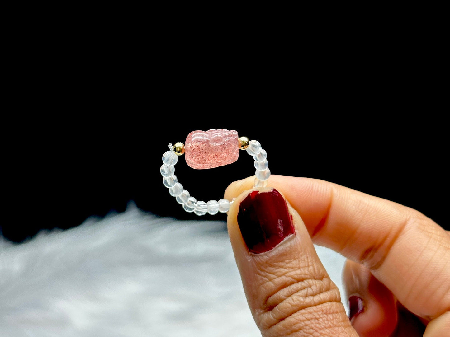 Strawberry Quartz and Moonstone Crystal Pixiu Beaded Stretchable Ring - Adjustable Size Gemstone Ring for Positive Energy