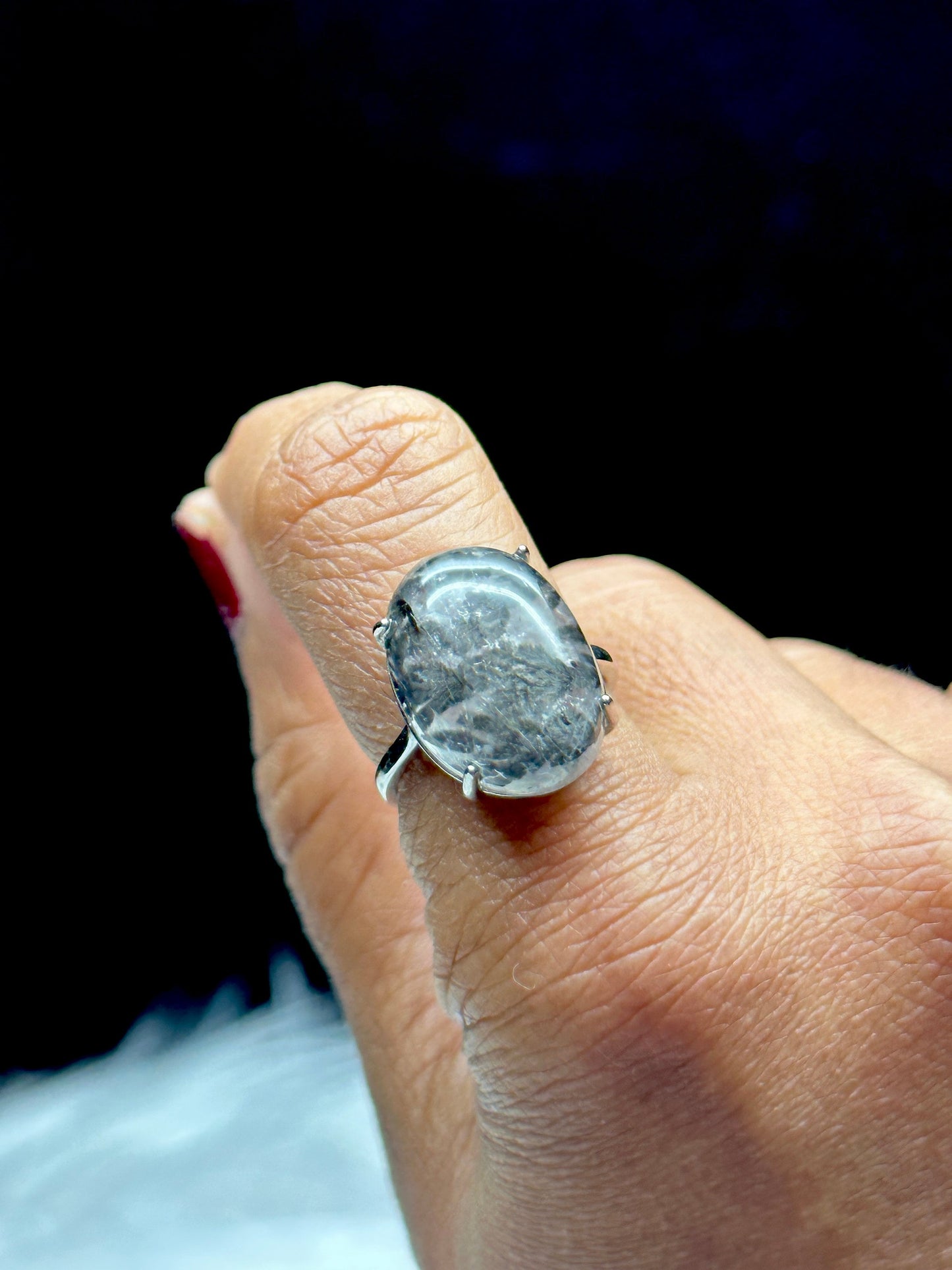 Dendritic Quartz Crystal Ring in Sterling Silver - Natural Gemstone Adjustable Size Ring with Healing Properties - Handcrafted Jewelry