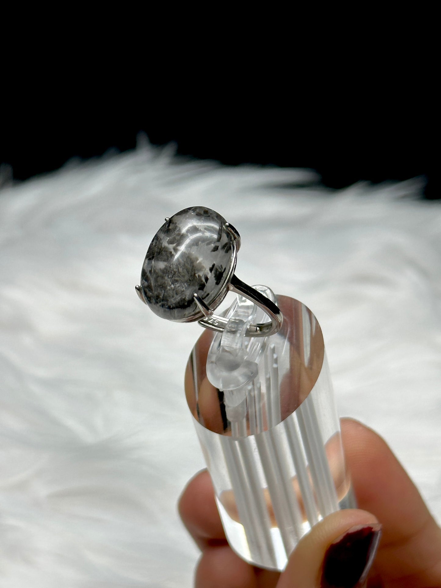 Dendritic Quartz Crystal Ring in Sterling Silver - Natural Gemstone Adjustable Size Ring with Healing Properties - Handcrafted Jewelry