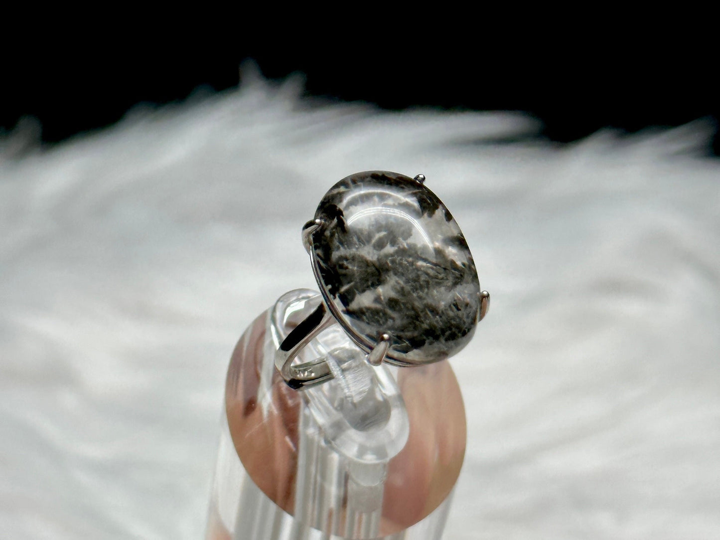 Dendritic Quartz Crystal Ring in Sterling Silver - Natural Gemstone Adjustable Size Ring with Healing Properties - Handcrafted Jewelry