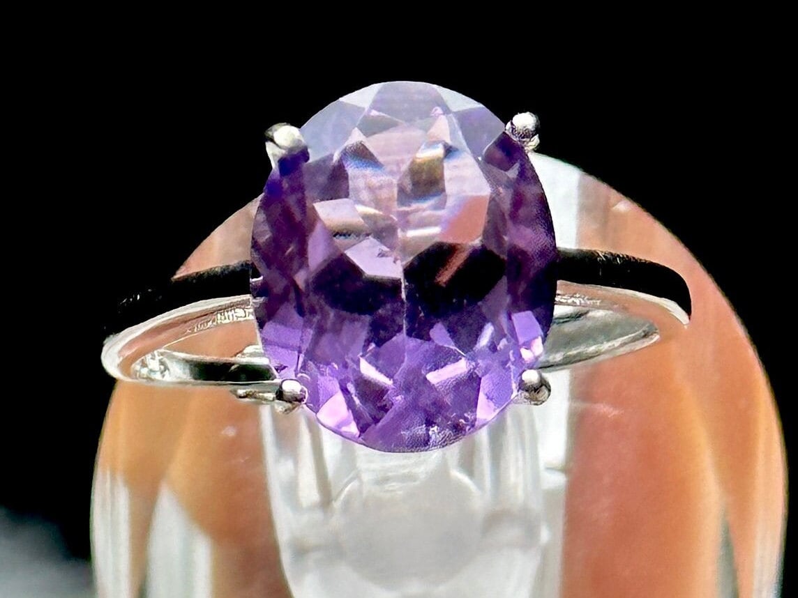 Sterling Silver Amethyst Crystal Solitaire Ring | Adjustable Size | Healing Crystal Jewelry