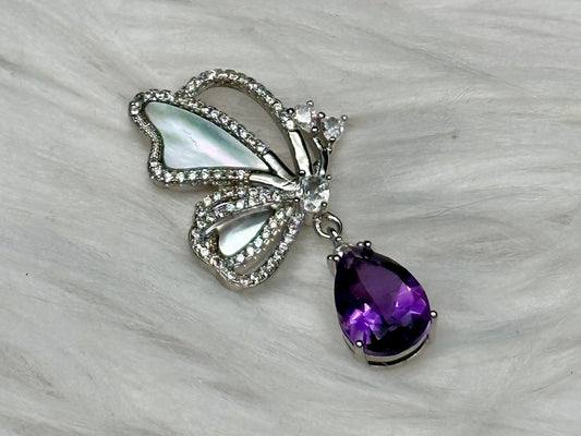 High-Quality Amethyst Crystal and Shell Butterfly Pendant in Sterling Silver - Handcrafted Healing Jewelry