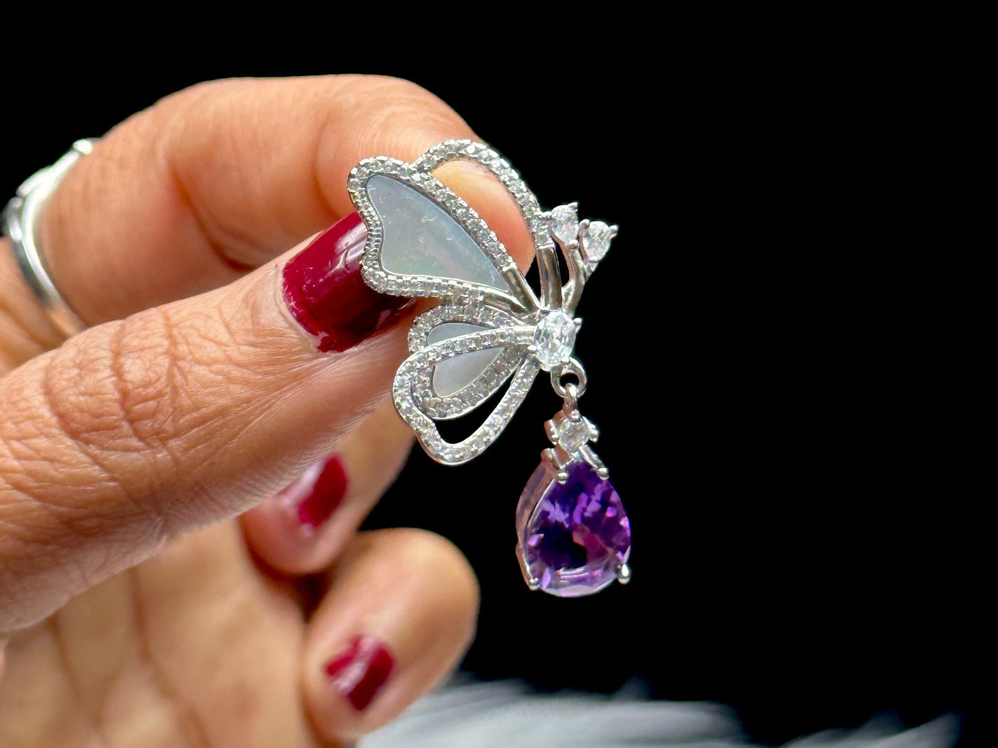 High-Quality Amethyst Crystal and Shell Butterfly Pendant in Sterling Silver - Handcrafted Healing Jewelry