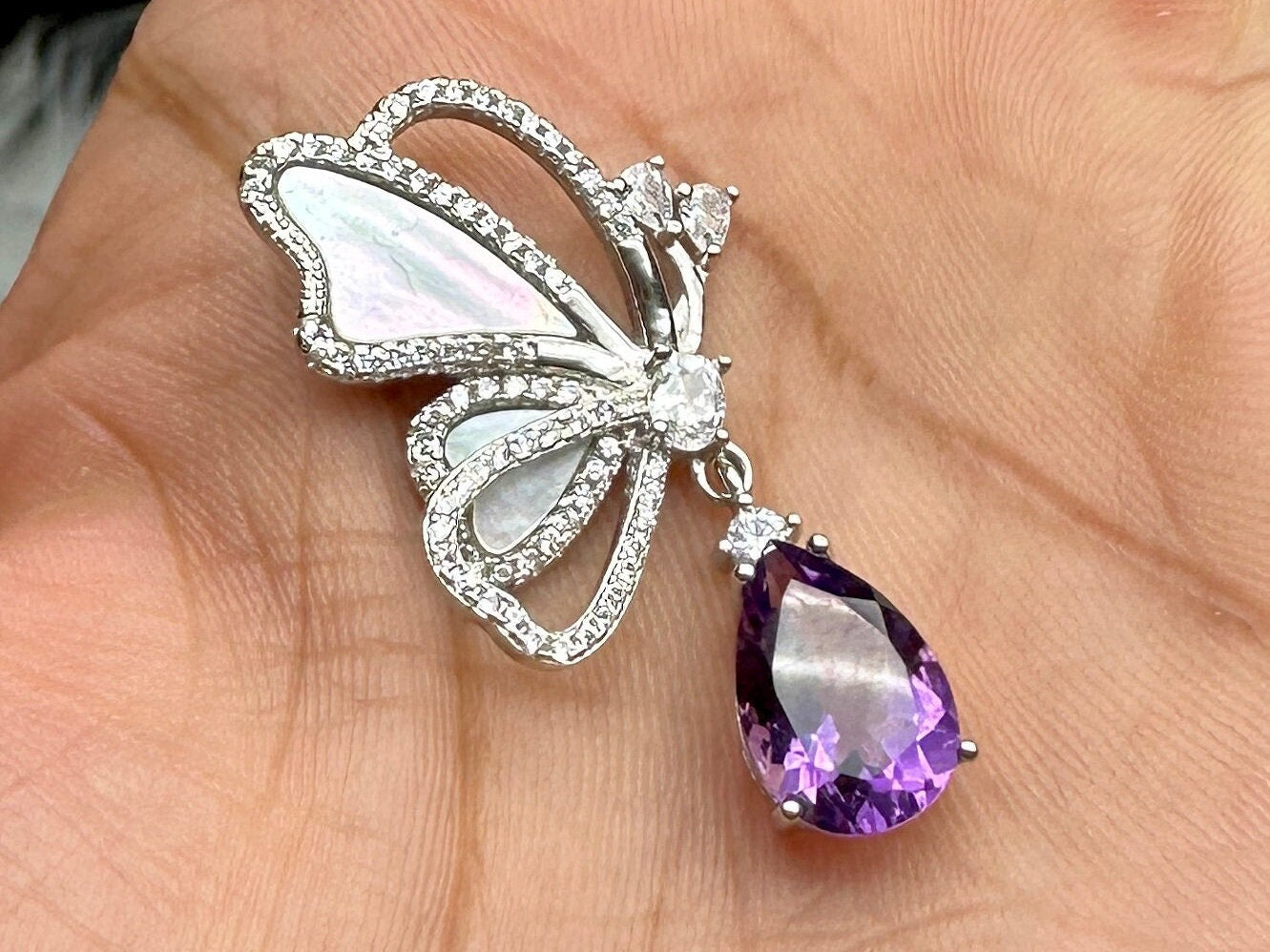 High-Quality Amethyst Crystal and Shell Butterfly Pendant in Sterling Silver - Handcrafted Healing Jewelry