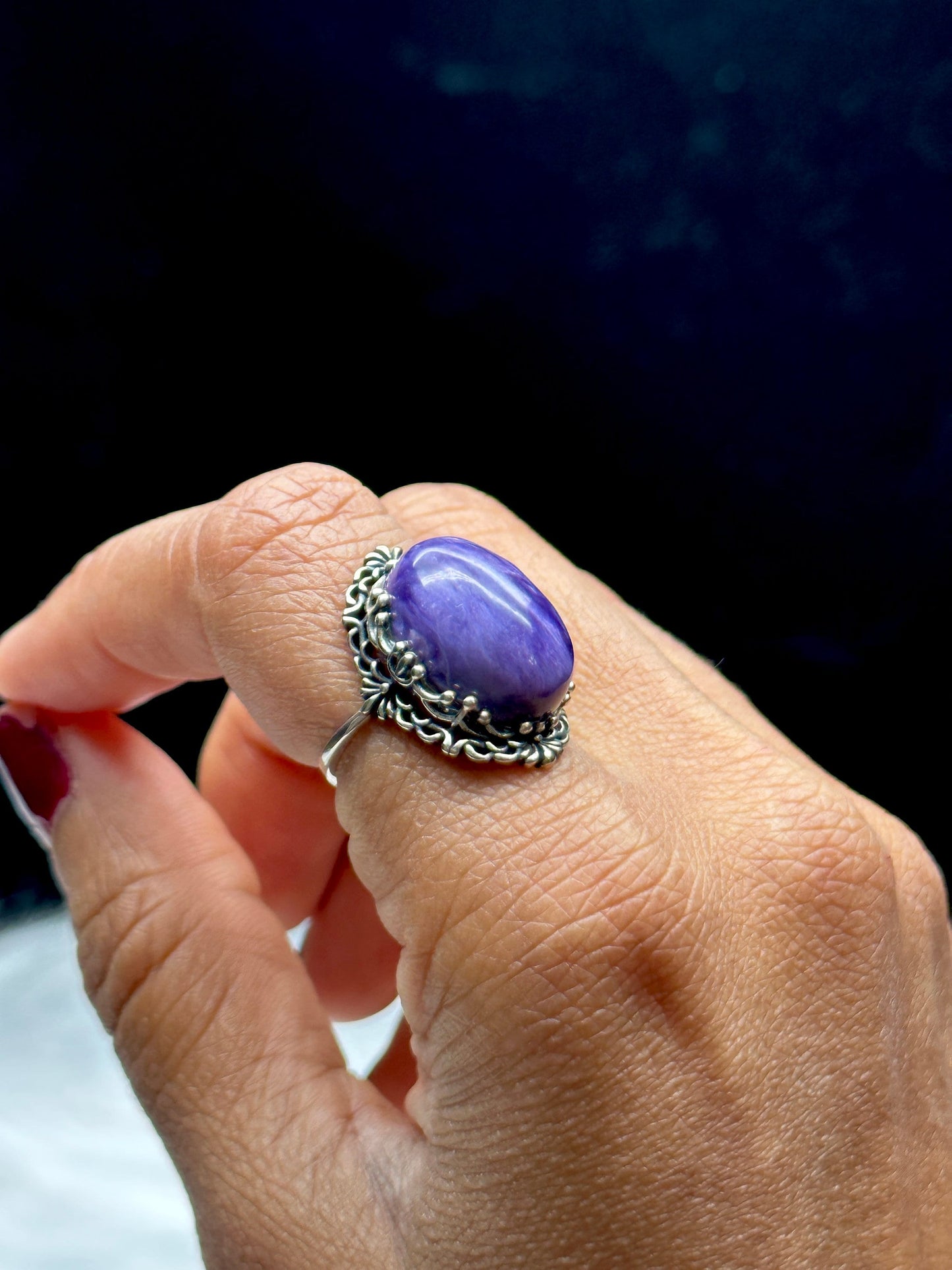 Vintage Style Large Charoite Crystal Ring in Sterling Silver | Adjustable Size | Healing Properties | Unique Handcrafted Jewelry