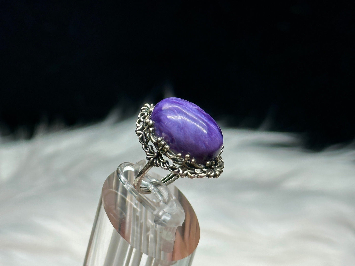 Vintage Style Large Charoite Crystal Ring in Sterling Silver | Adjustable Size | Healing Properties | Unique Handcrafted Jewelry