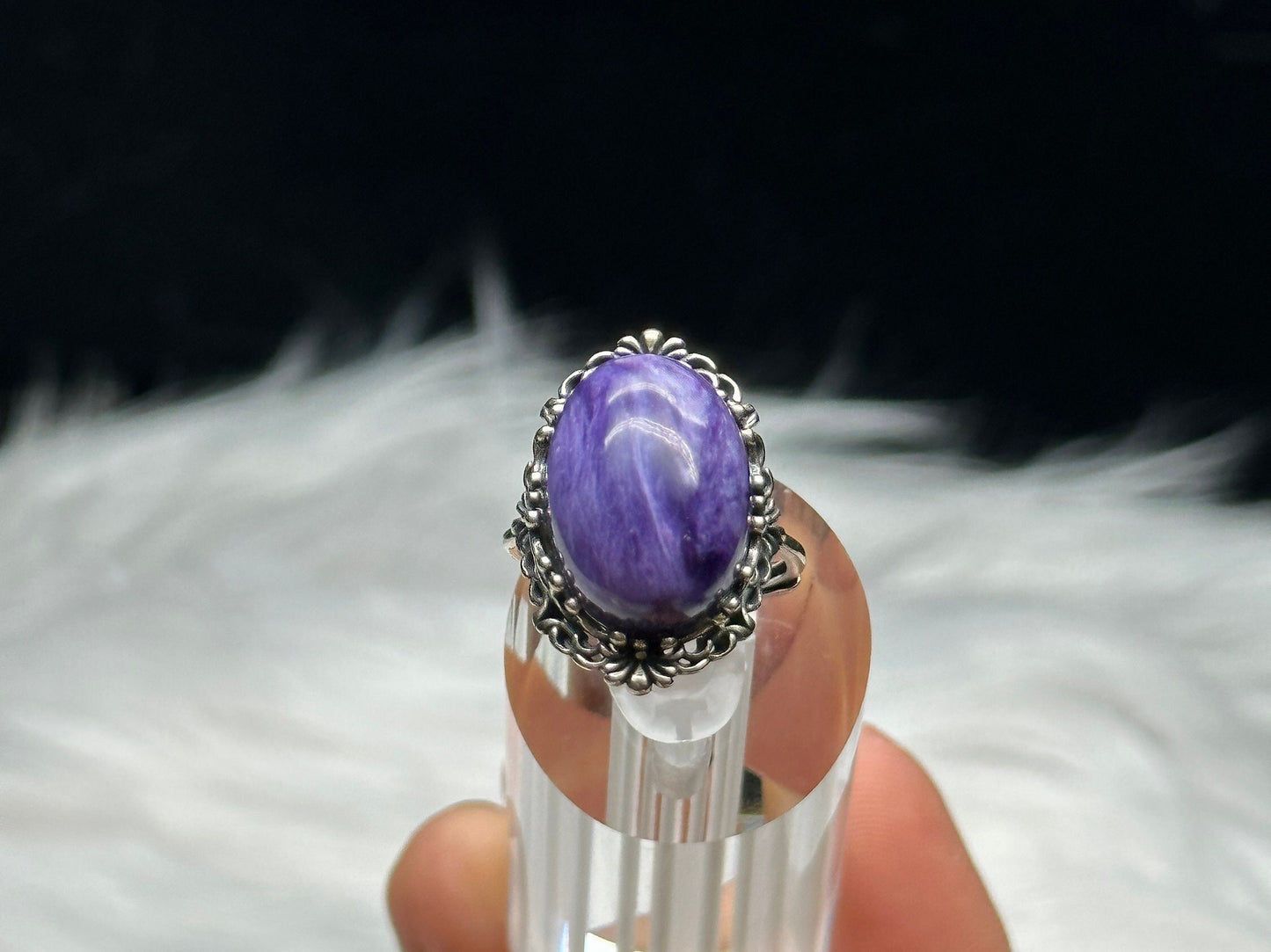 Vintage Style Large Charoite Crystal Ring in Sterling Silver | Adjustable Size | Healing Properties | Unique Handcrafted Jewelry