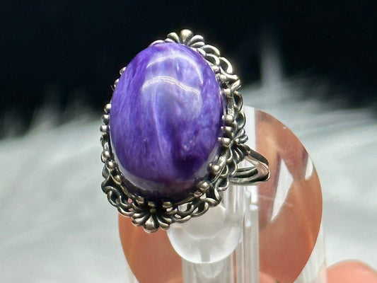 Vintage Style Large Charoite Crystal Ring in Sterling Silver | Adjustable Size | Healing Properties | Unique Handcrafted Jewelry