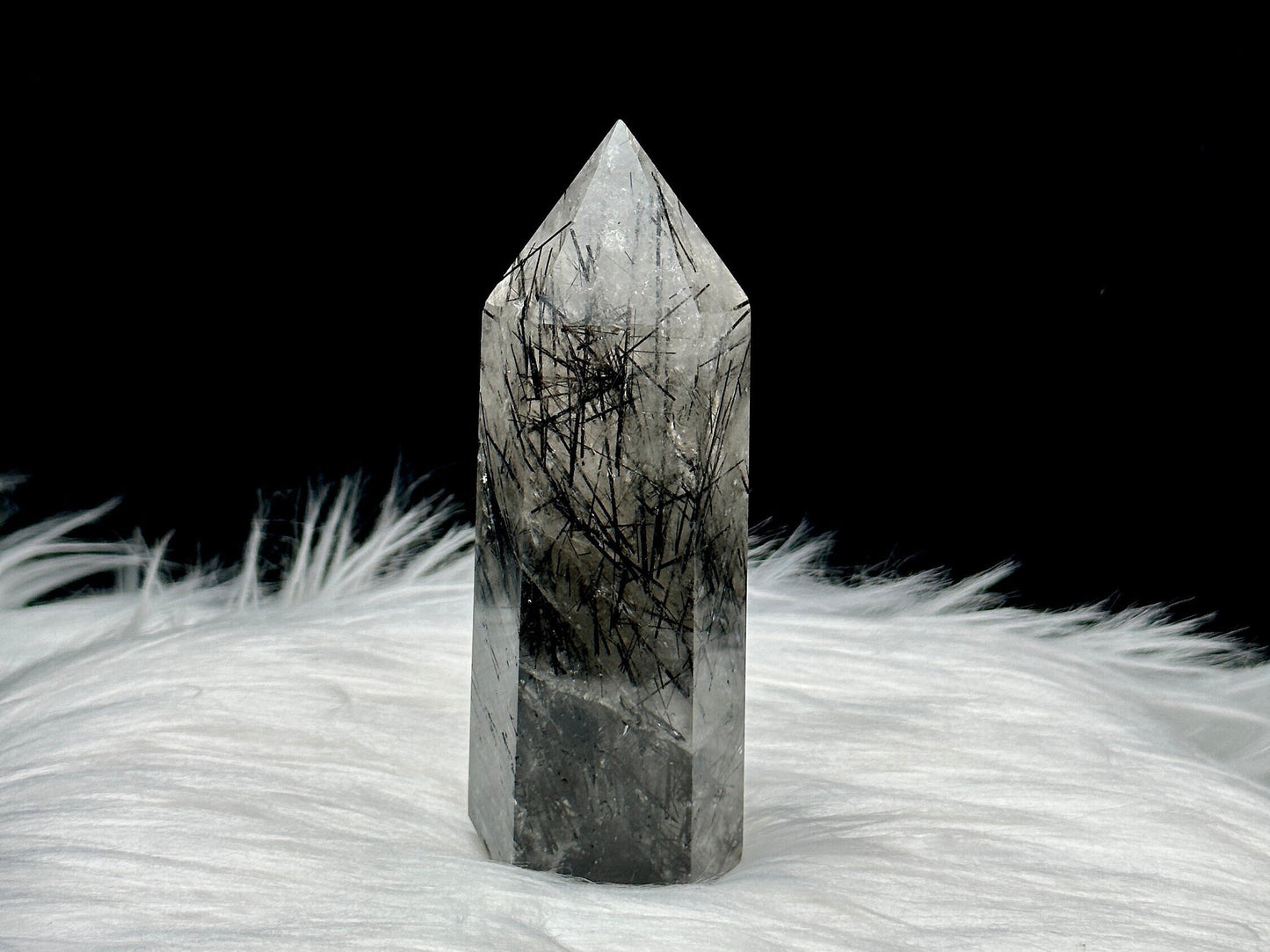 High-Quality Black Tourmalinated Quartz Crystal Tower, 4.5 Inches - Dense Black Tourmaline Rutile