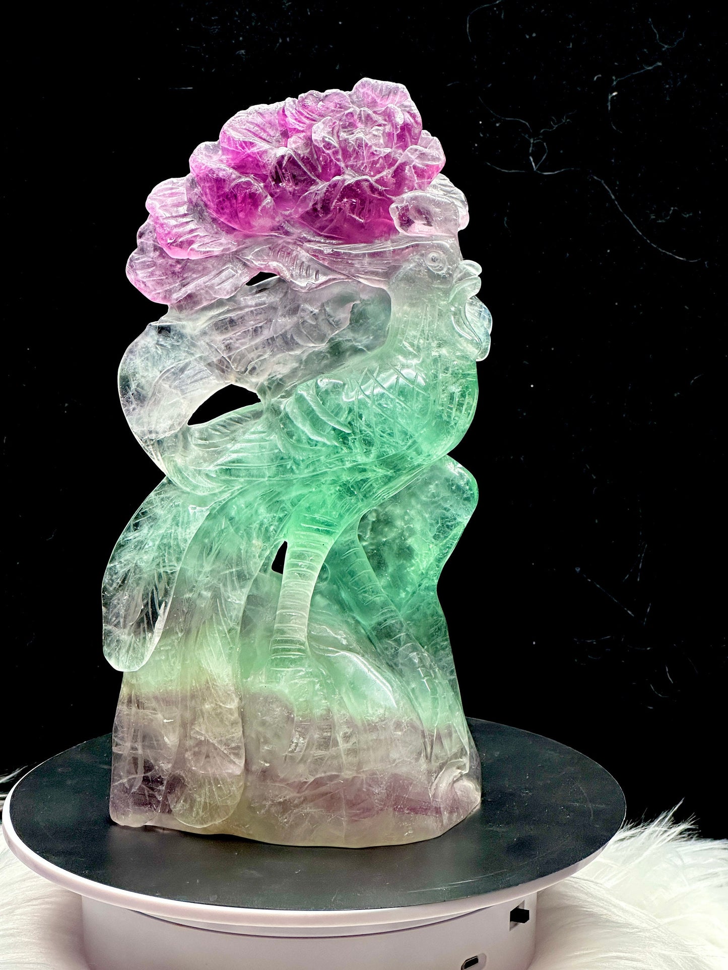 Rare Super Pretty Fluorite Crystal Peacock Carving - 9 inches tall , 1.2kg