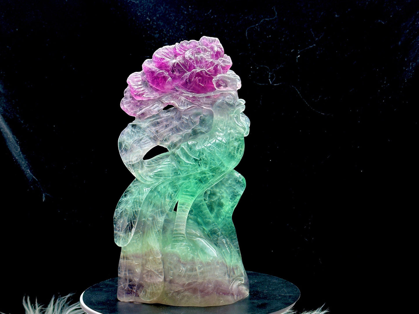 Rare Super Pretty Fluorite Crystal Peacock Carving - 9 inches tall , 1.2kg