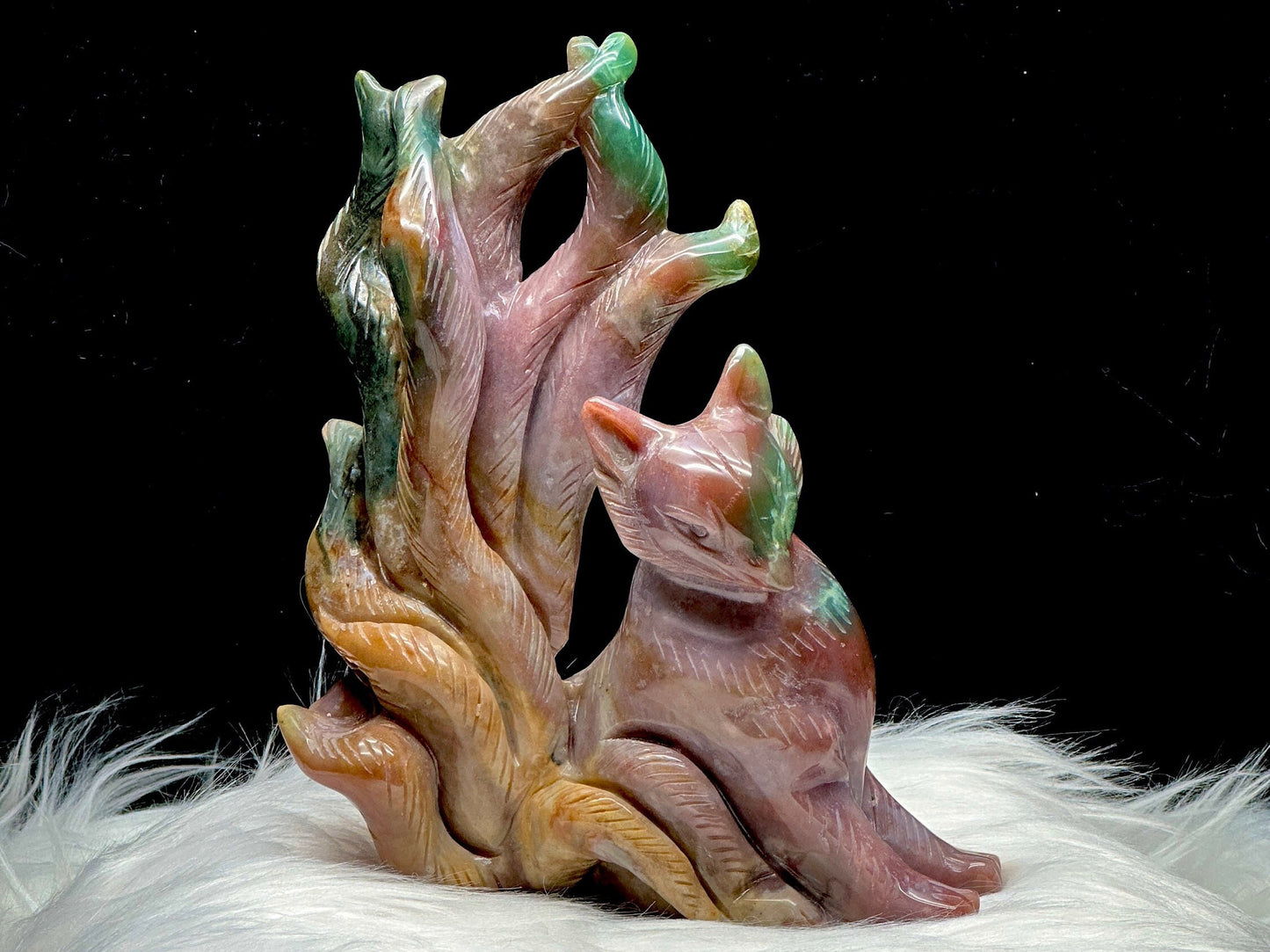 Ocean Jasper Crystal Nine-Tail Fox Carving - Chakra Healing Energy, Feng Shui Luck - 8 Inches Tall, 1.1kg - Handcarved Gemstone Sculpture