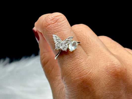 Elegant Moissanite Diamond Solitaire Butterfly Ring - Sterling Silver Adjustable Statement Jewelry