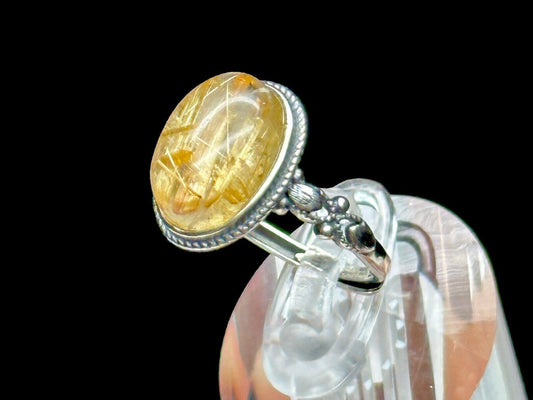 Vintage Style Gold Rutilated Quartz Crystal Ring in Sterling Silver | Adjustable Statement Jewelry