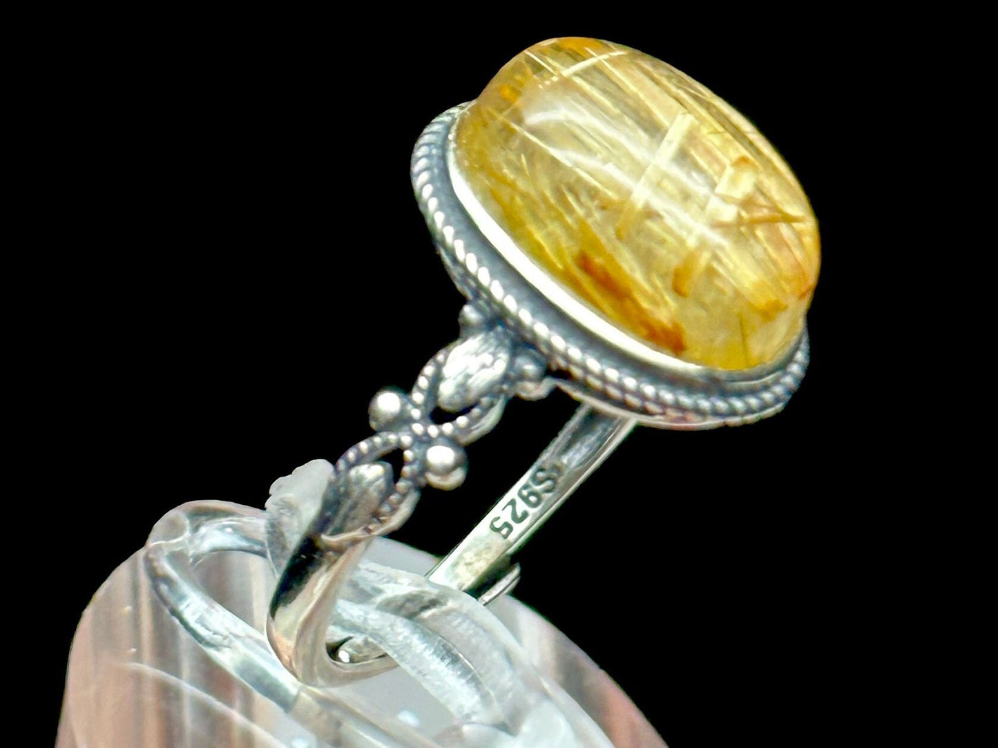 Vintage Style Gold Rutilated Quartz Crystal Ring in Sterling Silver | Adjustable Statement Jewelry