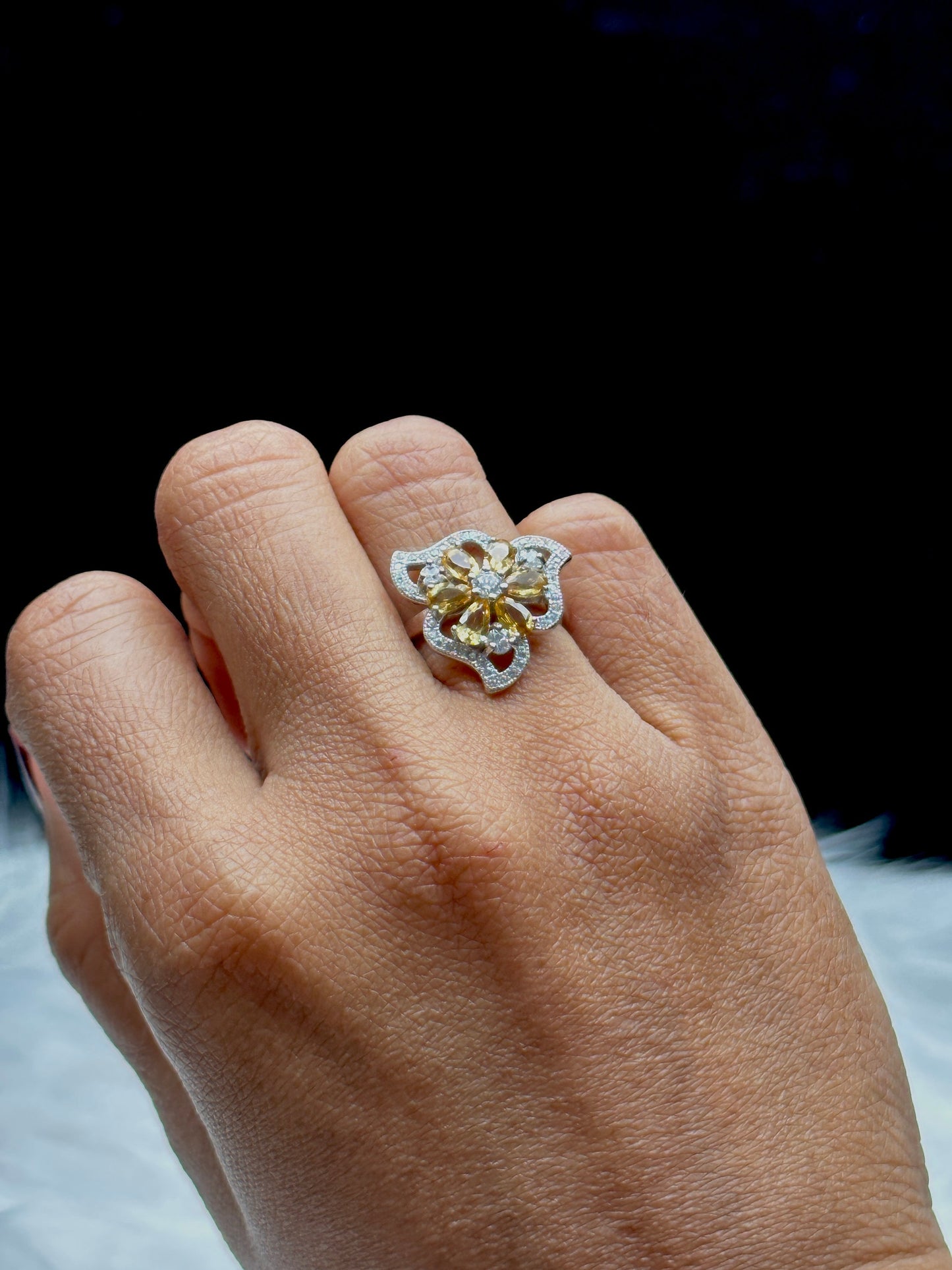 Citrine Crystal Flower Ring in Sterling Silver | Adjustable Statement Jewelry | Metaphysical Healing Properties