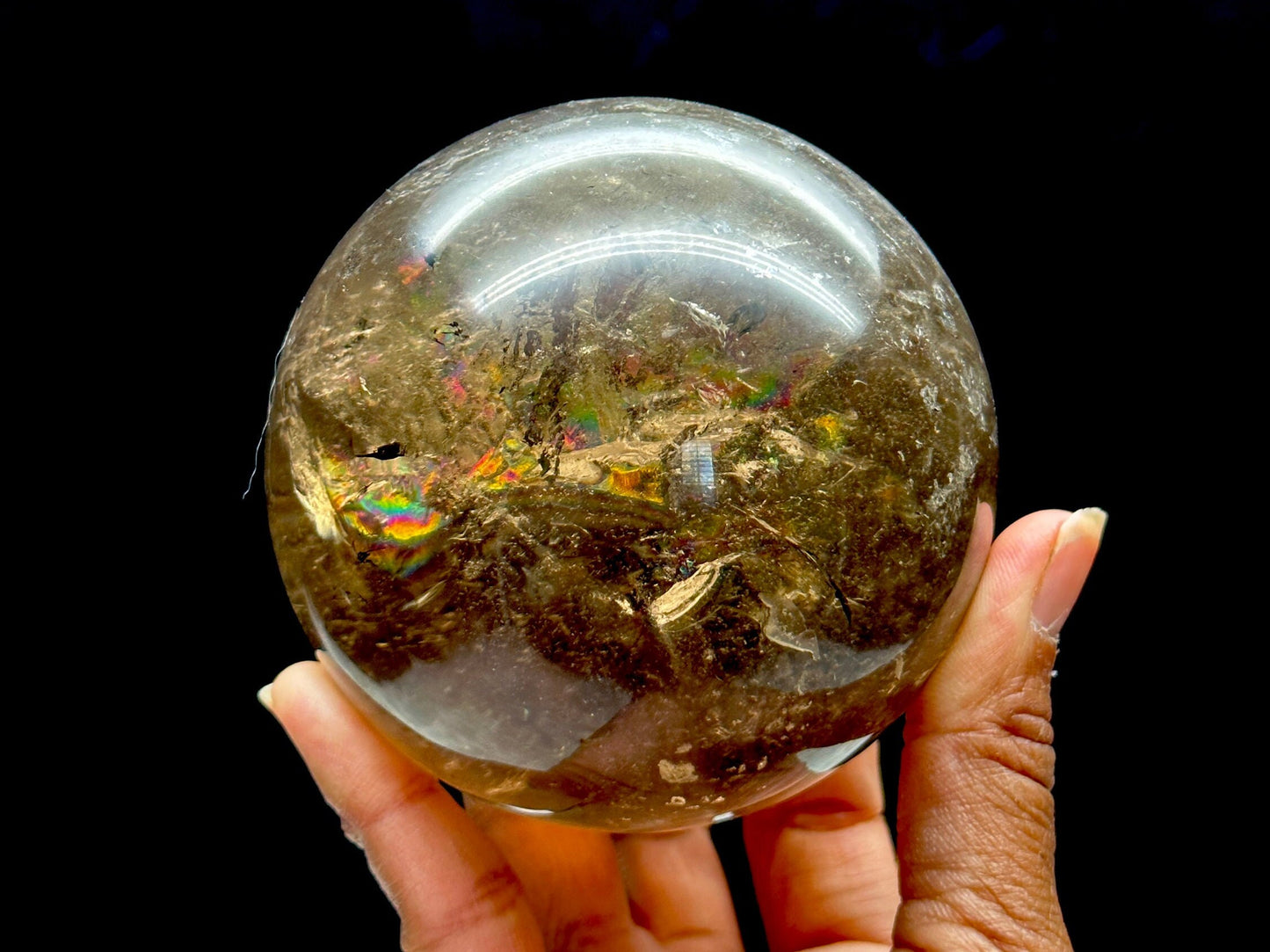 Rainbow filled Large Smoky Quartz Crystal Sphere, Crystal ball