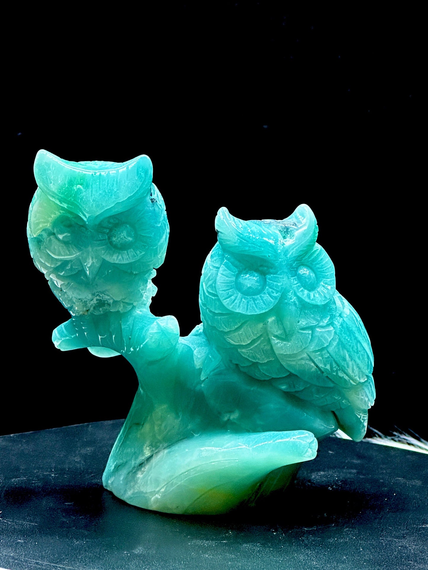 Cute Amazonite Owl couple carving, crystal bird carving