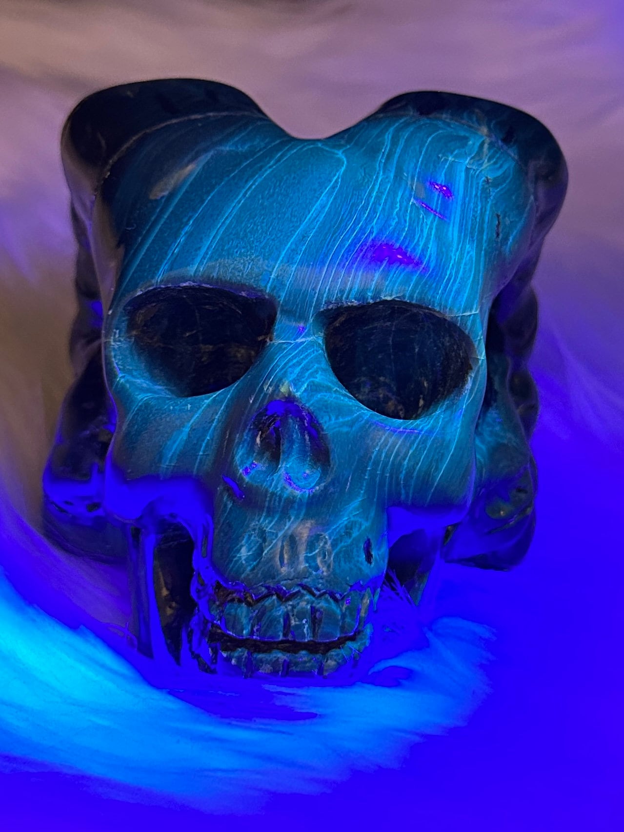 Rare Blue Amber Skull with Horns Carving