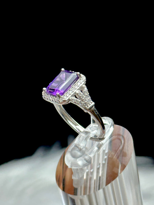 Grade AAA Amethyst Crystal Square Ring in Sterling Silver - Adjustable Size | Metaphysical Healing, Chakra Balance