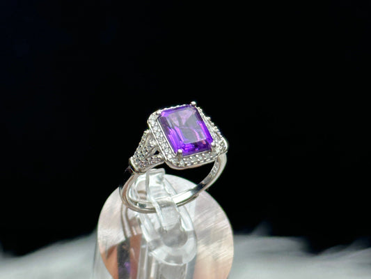 Grade AAA Amethyst Crystal Square Ring in Sterling Silver - Adjustable Size | Metaphysical Healing, Chakra Balance