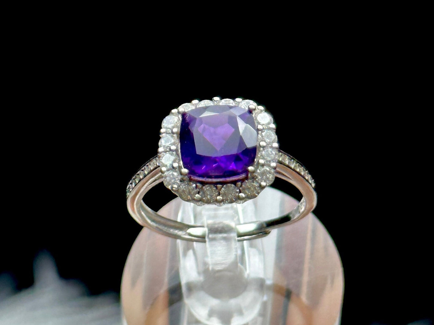 Grade AAA Amethyst Crystal Square Ring in Sterling Silver | Adjustable Size with Moissanite Diamond Accents | Metaphysical Jewelry